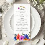 Menu Fiesta Mexicaine Espagnol Coloré Mariage Floral<br><div class="desc">Ajoutez à votre mariage une touche de culture vivante grâce à notre menu de mariages floraux d'inspiration espagnole Fiesta Mexicaine. Ce menu magnifiquement conçu est orné de motifs floraux dans une émeute de couleurs audacieuses, des rouges riches, des jaunes ensoleillés, des bleus vifs et des verts luxuriants, qui capturent l'essence...</div>