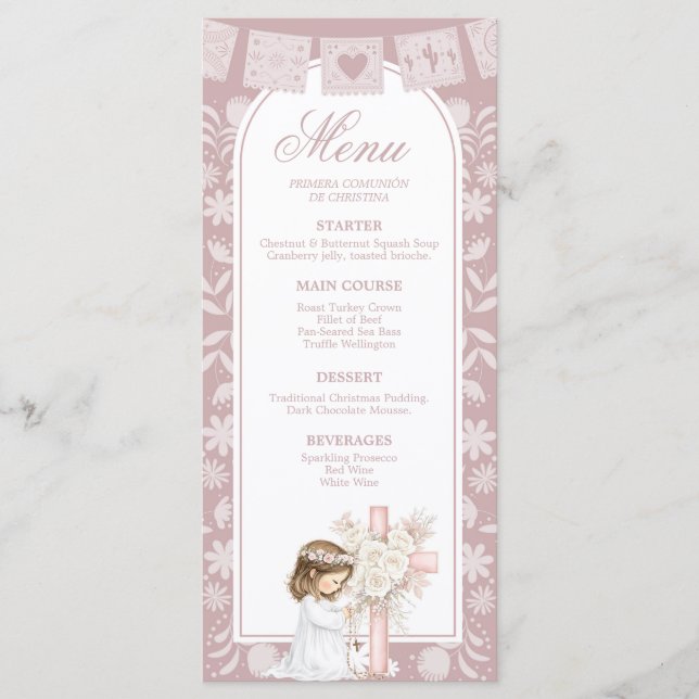 Menu Fille rose agenouillée Primera Comunion (Devant)