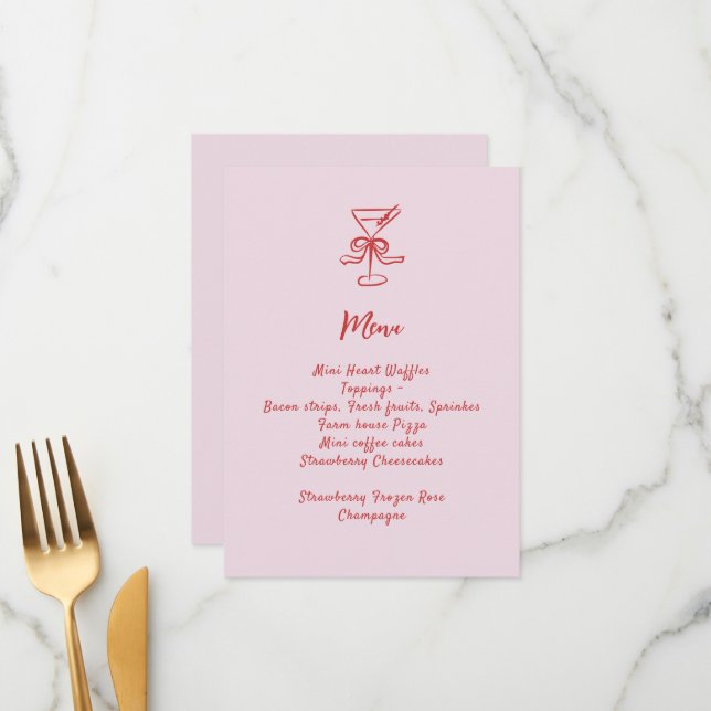 Menu Filles Cocktail Brunch Rouge rose manuscrit (Devant/Arrière en situation)