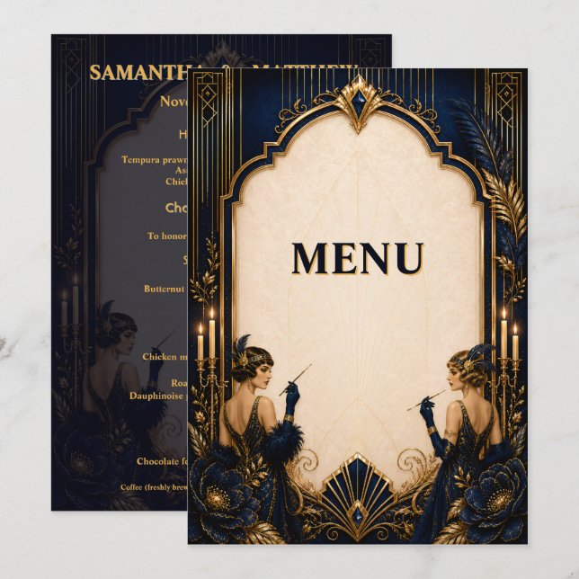 Menu Filles Gatsby flapper art déco dîner de mariage (Devant / Derrière)