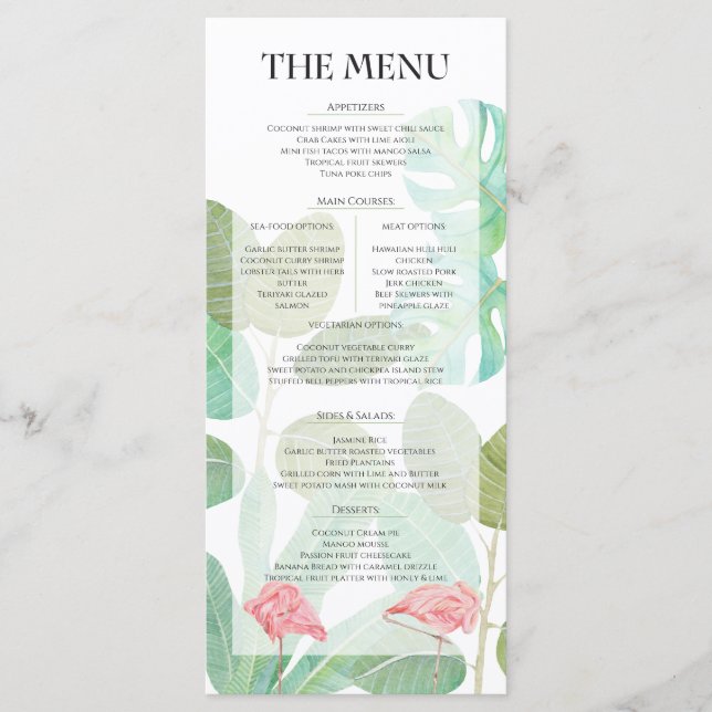 Menu Flamant rose, Feuilles et fleurs tropicales pour m (Devant)