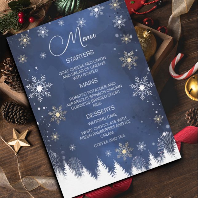 Menu Flèche de neige moderne Marine et Mariage d'or (#menu #zazzlemade #Christmas #holiday #flyer #holidayflyer #menucard #snowflakes #navyblue #gold)