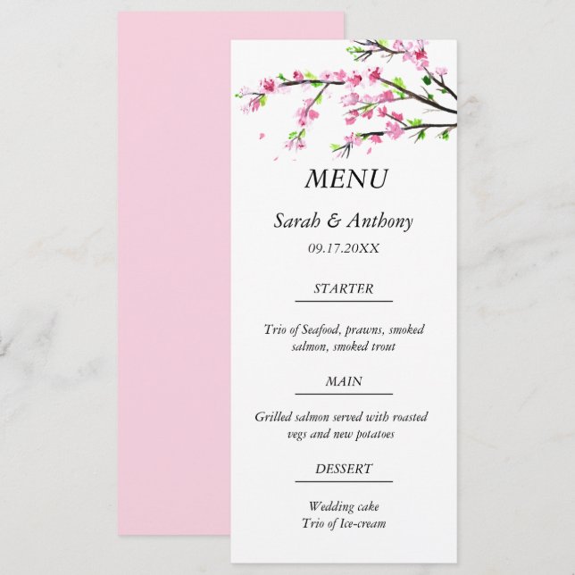 Menu Fleur de cerisier rose Botanique Floral Mariage (Devant / Derrière)