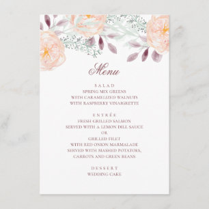 Menu Fleur de pêche à l'aquarelle. Mariage botanique. F