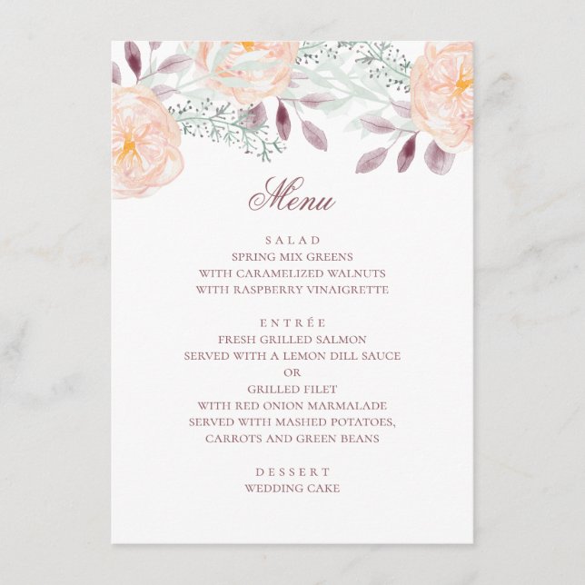 Menu Fleur de pêche à l'aquarelle. Mariage botanique. F (Devant)