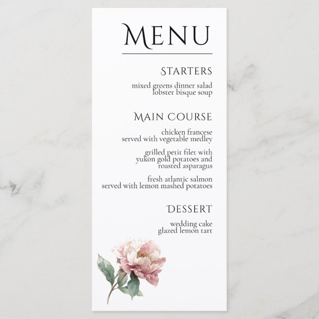 Menu Fleur de Pivoine Rose Blush Élégant Mariage Dîner  (Devant)