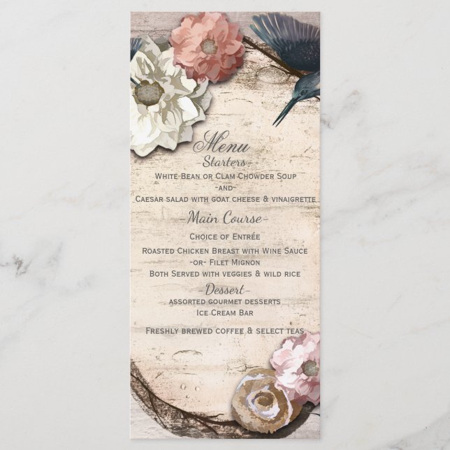 Menu Fleur et Colibri en Bouleau Blanc Rustique (Devant)