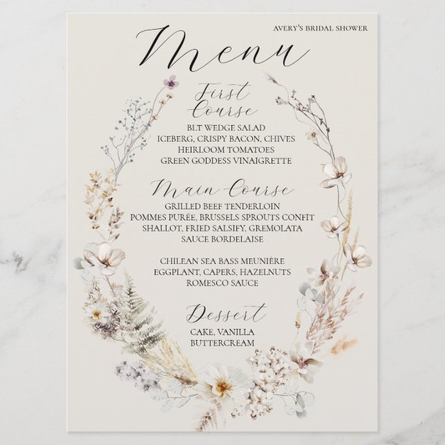 Menu Fleur sauvage Boho Rustic Elegant Fête des mariées (Devant)