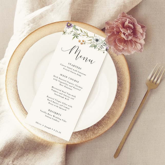Menu Fleur sauvage botanique | Mariage simple et élégan (A simple and elegant wedding menu decorated with wildflowers)