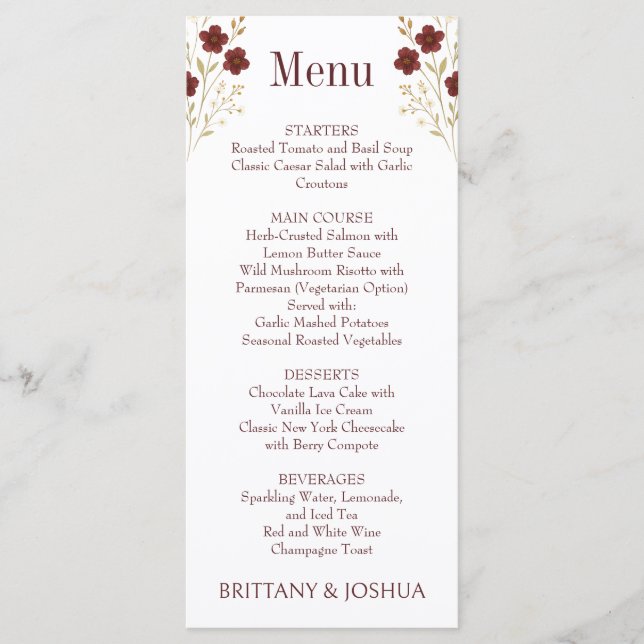 Menu Fleur sauvage d'automne Elegant Boho Mariage (Devant)