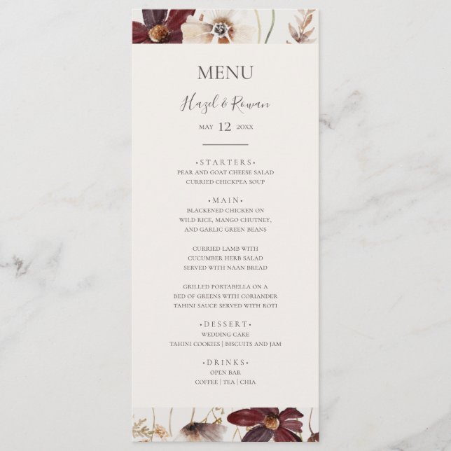 Menu Fleur sauvage de Cuivre Bourgogne | Dîner Mariage  (Devant)