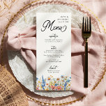Menu Fleur sauvage de pays trois cours Mariage floral<br><div class="desc">Menu Country fleur sauvage mariage avec des titres en calligraphie élégante et une bordure de fleurs sauvages dans les tons rose, jaune, bleu et blanc. Des fleurs rustiques, un style élégant et une palette de couleurs multi-saisons se combinent, dégageant un charme sans effort. La tapisserie de couleurs dans ce joli...</div>