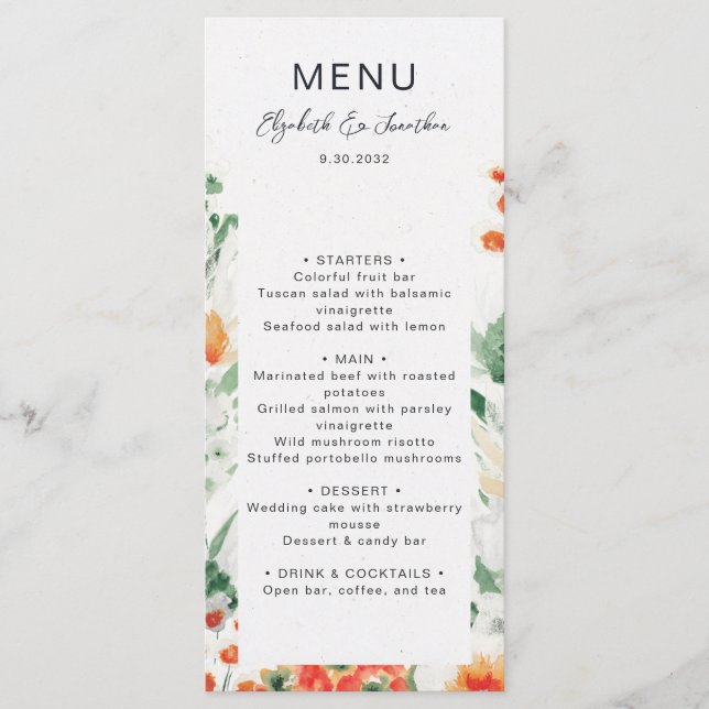 Menu Fleur sauvage d'été mariage à fleurs vert orange (Devant)
