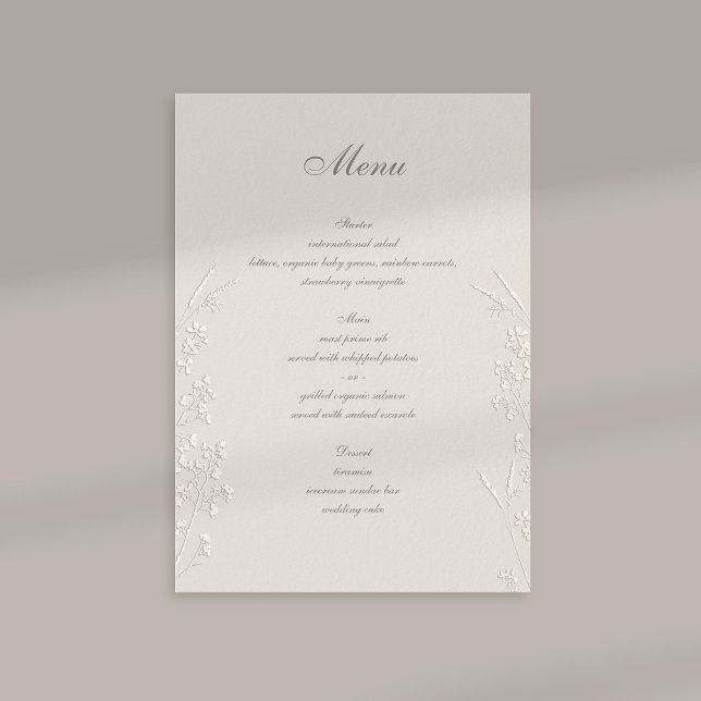 Menu Fleur sauvage Ecru Faux Embossé Mariage officiel (formal wedding menu card traditional calligraphy ecru faux embossed wildflowers elegant classic)