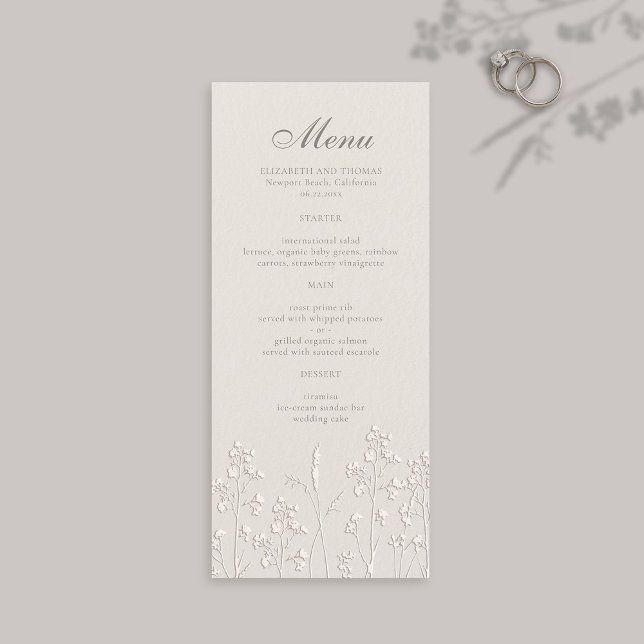 Menu Fleur sauvage Ecru Faux Embossé Mariage officiel (formal wedding menu card traditional calligraphy ecru faux embossed wildflowers modern classic)