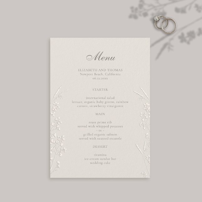 Menu Fleur sauvage Ecru Faux Mariage classique Embossé (formal wedding menu card traditional calligraphy ecru faux embossed wildflowers modern classic large)