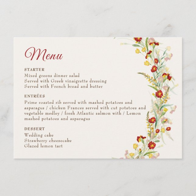 Menu Fleur sauvage Jaune Marigold Mariage de feuillage (Devant)