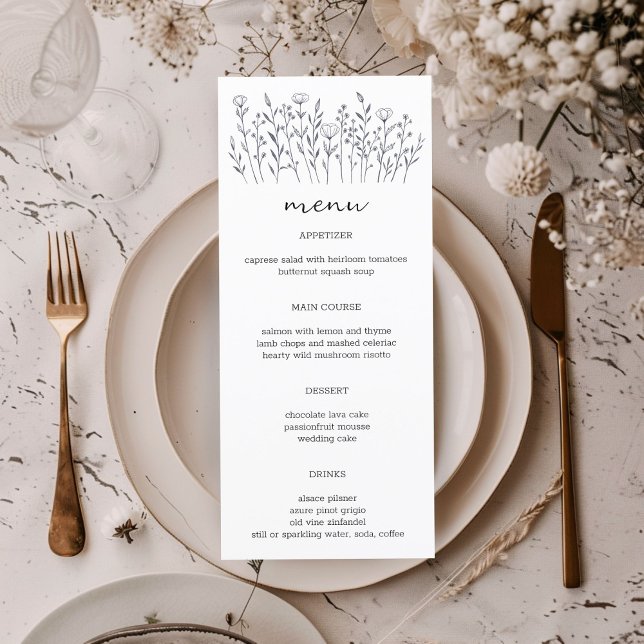Menu Fleur sauvage Line Art Élégant Chic Moderne CUSTOM (Wildflowers Line Art Elegant Chic Modern CUSTOM Wedding Engagement Menu
)