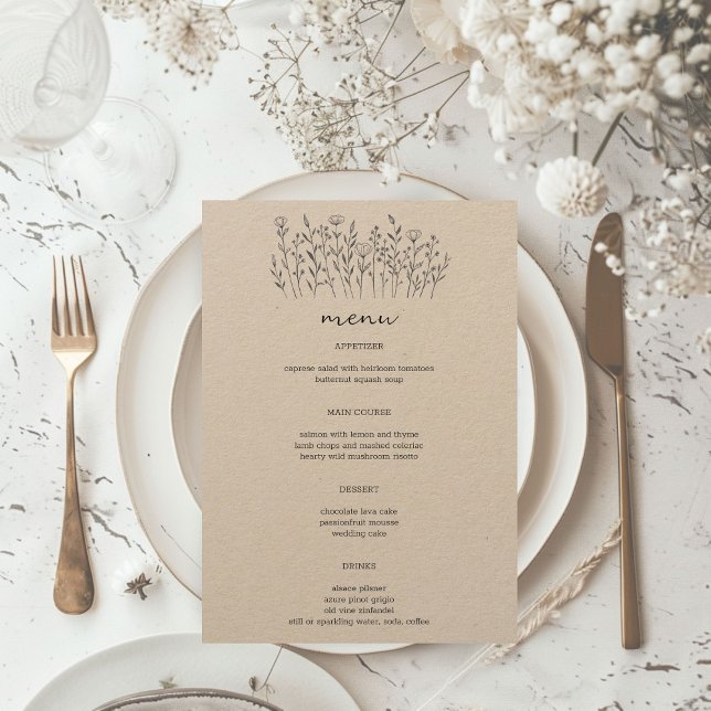 Menu Fleur sauvage Line Art Elegant Moderne Rustique PE (Wildflowers Line Art Elegant Modern Rustic Kraft CUSTOM Wedding Engagement Party Menu
)