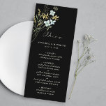 Menu Fleur sauvage noir Delicate moderne Boho Mariage<br><div class="desc">Cet élégant menu de mariage est composé de fleurs sauvages d'aquarelle peints à la main dans le beurre jaune, le vert sauge, le vert poussiéreux et le bleu clair avec deux initiales sur le dos. Pour une personnalisation plus avancée de cette conception, cliquez sur le BOUTON OUTIL DESIGN BLEU ci-dessus...</div>