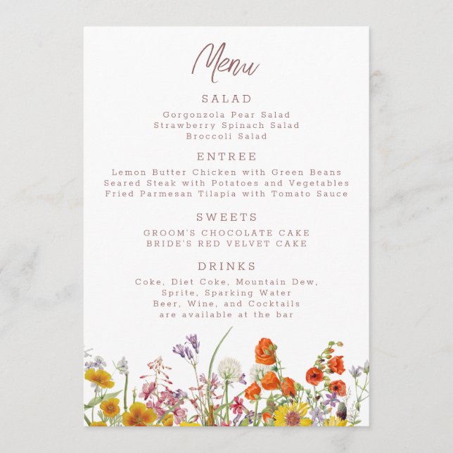 Menu fleur sauvage pour Mariages et événements (Devant)