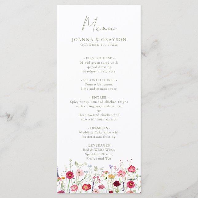 Menu Fleur sauvage Rustique Pays Floral Jardin Mariage (Devant)