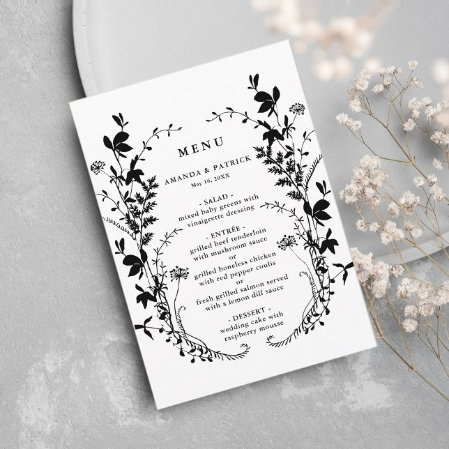 Menu Fleur sauvage Silhouette Wreath Mariage noir et bl (Créateur téléchargé)