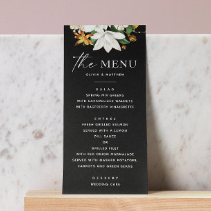 Menu Fleur vintage camélia. Élégant mariage noir