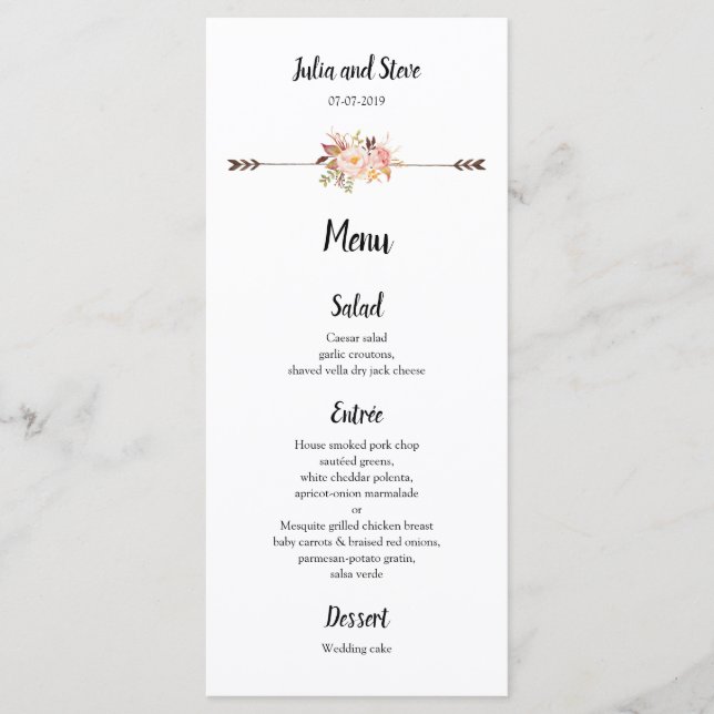 Menu Fleurs aquarelles bohèmes Élégant Rackcard boho (Devant)