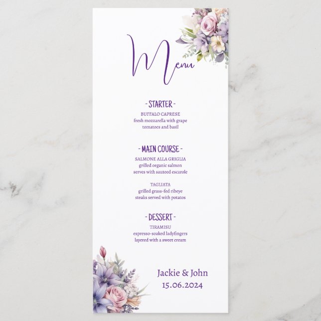 Menu Fleurs aquarelles. Mariage. (Devant)