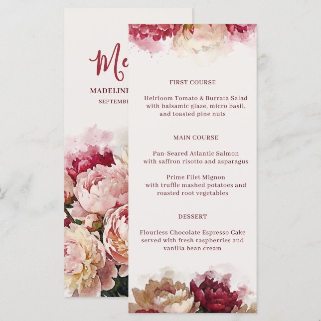 Menu Fleurs aquarelles | Réception romantique de pivoin (Devant / Derrière)