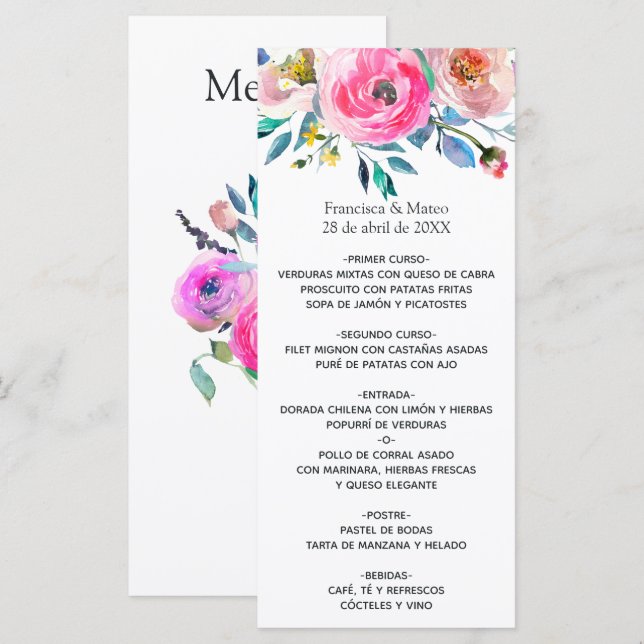 Menu Fleurs aquarelles rose vif (Devant / Derrière)