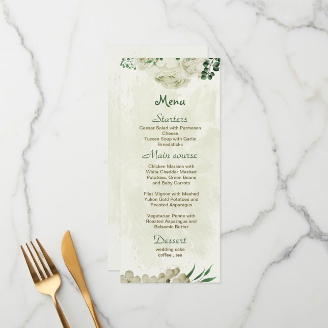 Menu Fleurs blanches d'ivoire mariage (Devant/Arrière en situation)