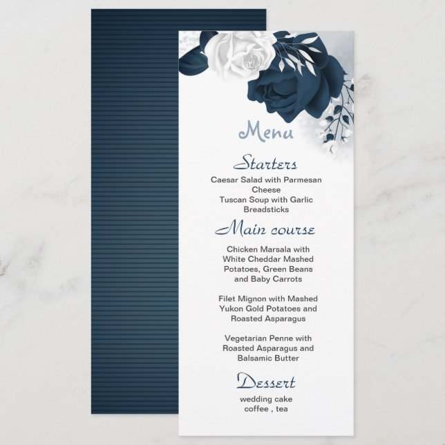 Menu fleurs blanches et marines belle mariage (Devant / Derrière)