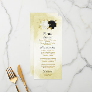 Menu fleurs blanches noires or feuille mariage