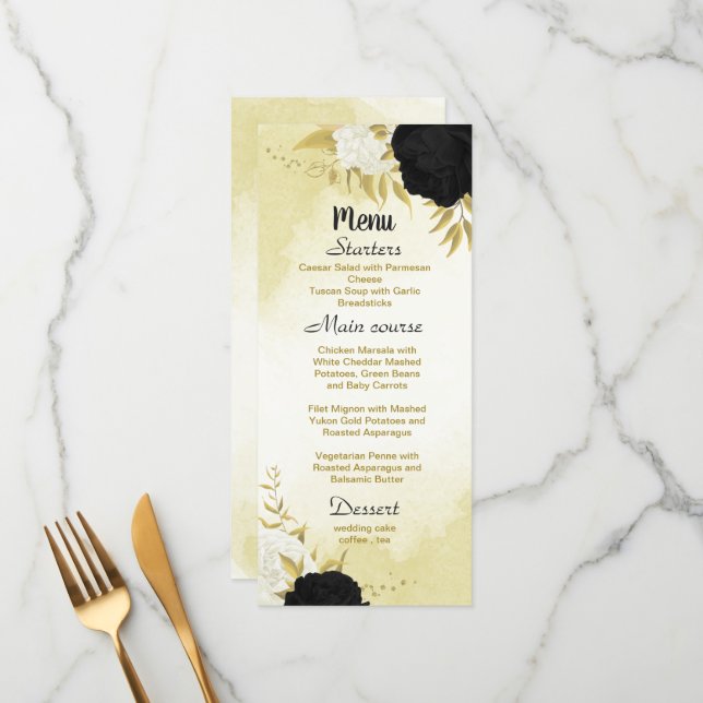 Menu fleurs blanches noires or feuille mariage (Devant/Arrière en situation)