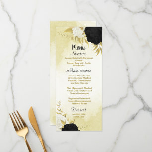 Menu fleurs blanches noires or feuille mariage