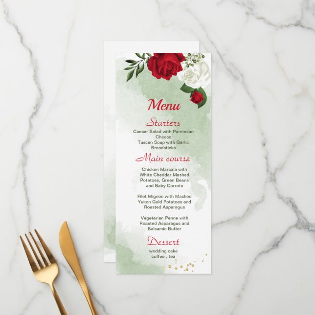 Menu fleurs blanches rouges mariage (Devant/Arrière en situation)