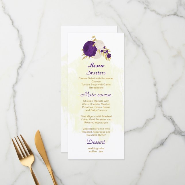 Menu fleurs blanches royales violettes or mariage botan (Devant/Arrière en situation)