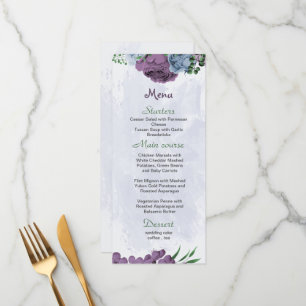 Menu Fleurs bleu pourpre vert feuille mariage