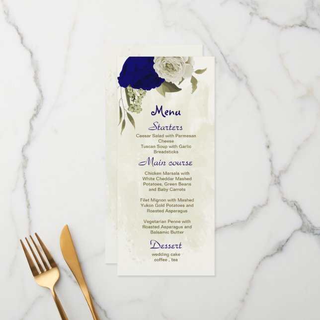 Menu fleurs bleu royal et beige mariage botanique (Devant/Arrière en situation)