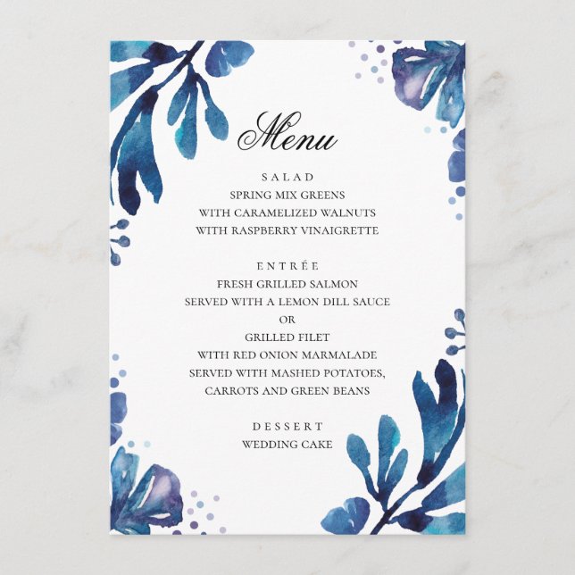 Menu Fleurs bleues à l'aquarelle. Mariage botanique mar (Devant)