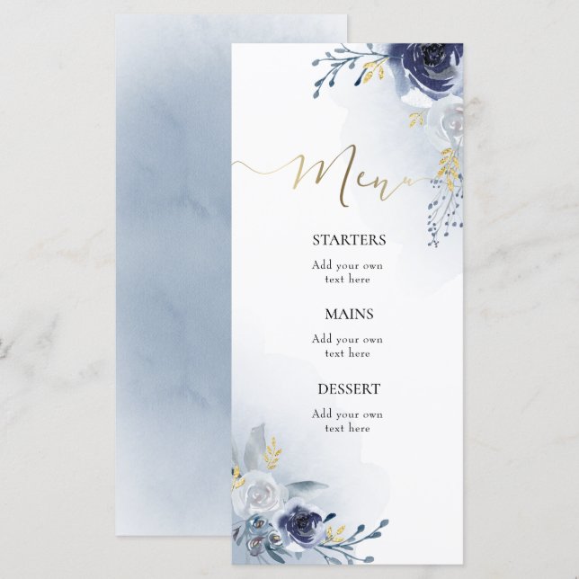 Menu fleurs bleues aquarelle (Devant / Derrière)