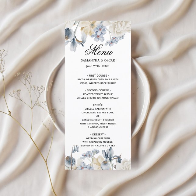 Menu Fleurs Bleues Et Blancs D'Hiver Élégantes (Créateur téléchargé)