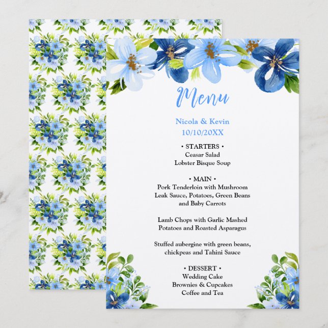 Menu Fleurs bleues et navy avec feuillage  (Devant / Derrière)