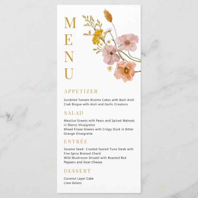 Menu Fleurs Bohème, Fête des mariées Whimsical Hom (Devant)