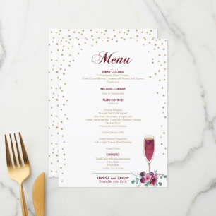 Menu Fleurs bordeaux pailleté or Élégant