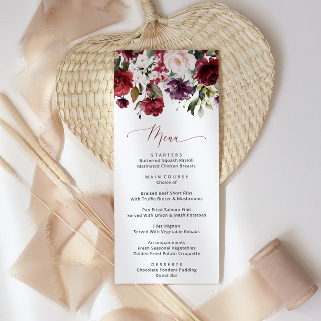 Menu Fleurs Bourgogne, Fleurs roses, Verdure, Mariage (Créateur téléchargé)