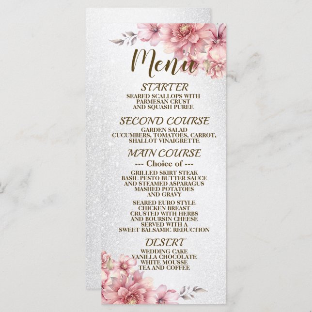 Menu Fleurs d'aquarelle rose de fête Parties scintillan (Devant / Derrière)