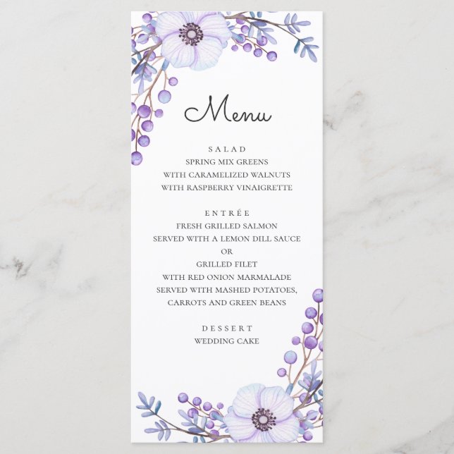 Menu Fleurs d'aquarelle violet. Mariage floral violet (Devant)